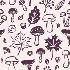Seamless pattern of mushrooms, leaves, acorns on beige background. Hand-drawn black line art. Cozy fall season. Autumn nature and forest elements. Vector design for textile, wallpaper, wrapping paper. © leila_divine