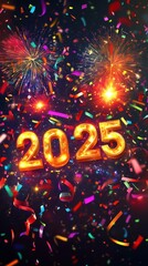 Colorful confetti and bright fireworks create a festive atmosphere, celebrating the arrival of New Year’s Eve in 2025
