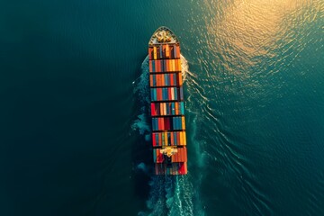 Aerial View of a Colorful Cargo Ship Navigating Calm Waters