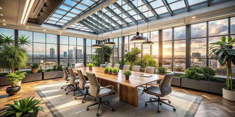 Modern Office Boardroom with Cityscape View and Glass Ceiling, Boardroom, Cityscape, Office Design