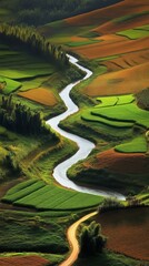 Winding river through colorful agricultural fields, aerial view. Nature's harmony and tranquility concept