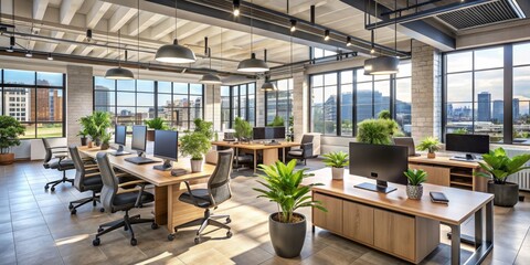 Modern Office Interior with Cityscape Views, Wide Shot, Desk with Plants and Computers, Office Space, City View, Modern Office Design, Modern Office
