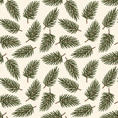 seamless winter, christmas pattern with green fir twigs; great for wrapping paper, greeting cards, gift tags, wallpaper and textiles- vector illustration