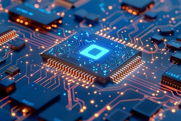 Close-Up of a Modern Microchip on a Circuit Board with Glowing Connections