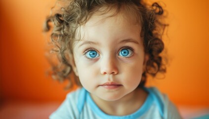 Naklejka premium portrait of an adorable toddler girl with blue eyes and curly hair, toddler with a curious expression, set against a pastel orange background