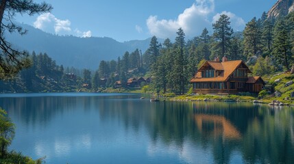 Obraz premium Serene lakeside view with a cabin and surrounding nature.