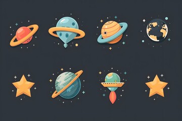 Colorful Cartoon Planets and Stars in a Cosmic Design