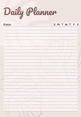Daily Planner, Planner Template. Nice and simple printable to-do list in pastel beige colors with monstera leaves illustration. Digital Healthy Meal Planner.