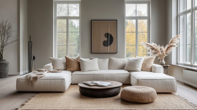 modern swedish living room with sleek furnishings and a warm vibe, perfect for a lifestyle concept ad focusing on contemporary living