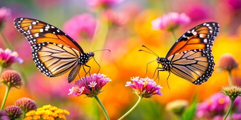 Fototapeta premium Monarch Butterfly on Pink Flower, Close-up, Colorful Garden, Insecta, Lepidoptera, Flower, Nature