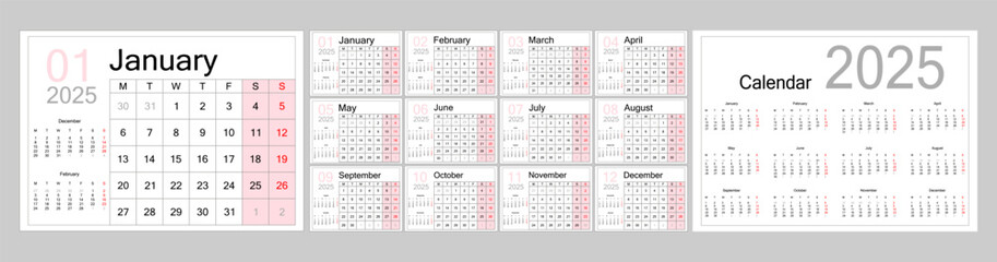 Large monthly yearly calendar for 2025. Monthly calendar template for 2025. Minimalist style daily planner. Week starts on Monday.