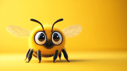 Obraz premium Adorable fluffy cartoon bee character with big eyes and a cheerful expression, standing on a bright yellow background with copy space, children's media, educational content, and playful marketing