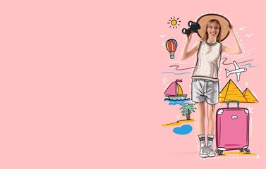 Young woman with binoculars on pink background with space for text