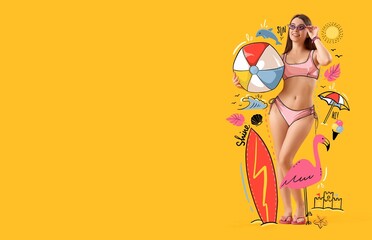 Young woman in swimsuit and with beach ball on yellow background with space for text