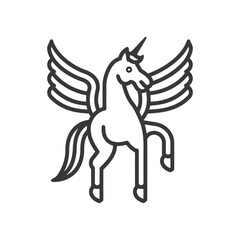 Line Drawing of a Unicorn with Wings Standing on its Hind Legs