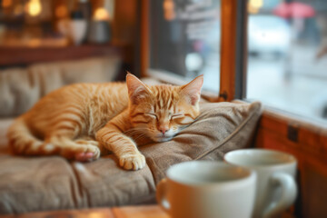 A cute ginger kitten sleeps peacefully in a cozy cafe, showcasing its fluffy beauty.