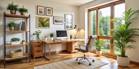 Home Office Desk with Wooden Floor, Large Window, and Plants, home office design, office space, home decor
