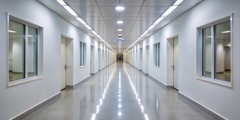 Perspective View of a Long and Bright White Corridor with Windows and Doors, architecture, interior design, hallway, corridor, hospital, clinic