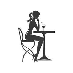 Silhouette of a Woman Sitting at a Table with a Glass of Wine