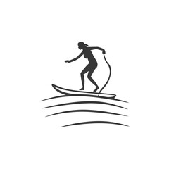 Silhouette of a woman surfing on a wave