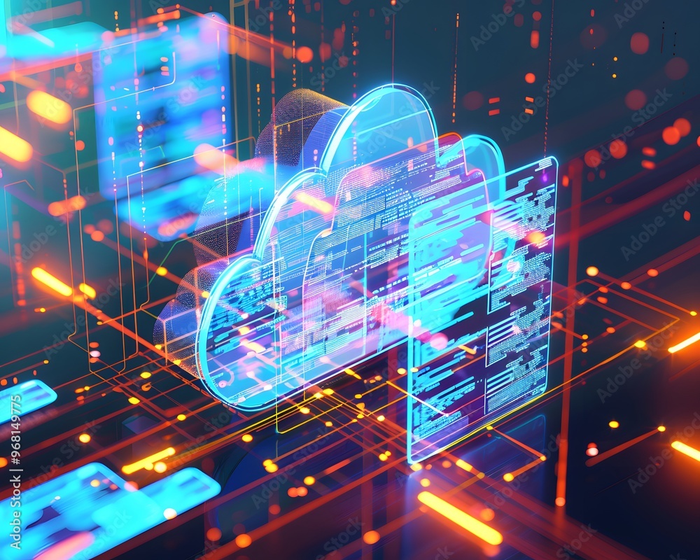Poster futuristic cloud technology with digital data transfer visuals representing innovation and connectiv