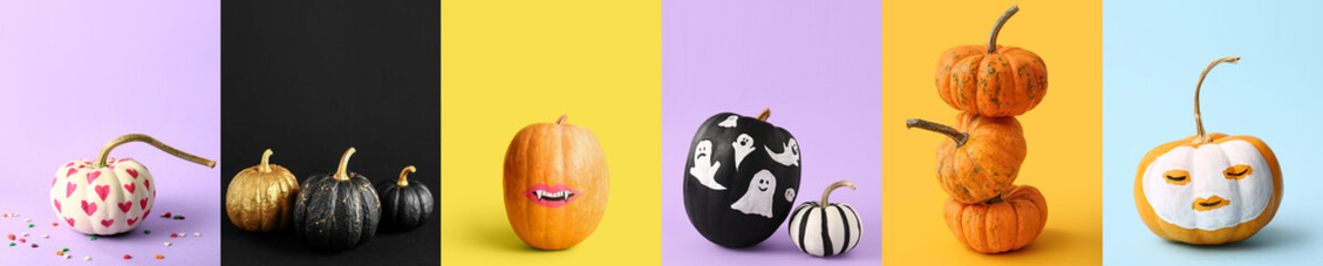 Collage with painted pumpkins on color background