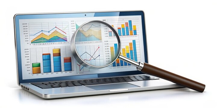 Laptop Screen Magnifying Glass Analysis, Data, Graph, Chart, Analytics