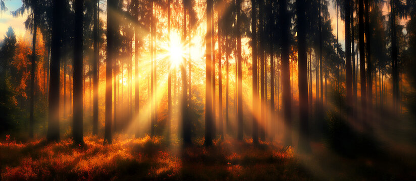 autumn/fall forest panorama; trees firing warm colors in the sunlight; autumny energetic dark forestscape with copy space; widescreen backdrop