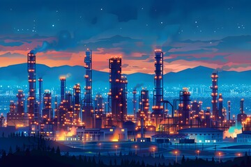 Fototapeta premium Vibrant Nightscape of an Industrial City with Glowing Refineries and Smokestacks