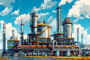 Vibrant Industrial Landscape: A Modern Oil Refinery Under a Bright Sky