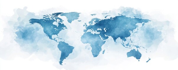 Watercolor world map in light blue and white tones, featuring continents in a soft artistic style