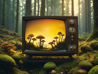 vintage TV overgrown with mushrooms