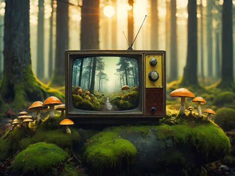 old tv in the forest - Powered by Adobe