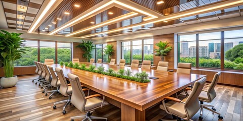 Fototapeta premium Modern Conference Room with Natural Lighting and City View, Wooden Table, Office Chairs, Modern, Interior Design, Conference Room