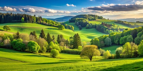 Sunlight Bathes Rolling Green Hills, Captured from a High Angle, Lush Foliage and Dramatic Clouds, Spring Landscape, Nature, Photography, Scenery