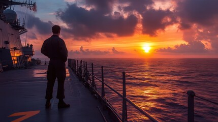 Fototapeta premium Sailor enjoying a breathtaking sunset from the deck of a naval vessel over open waters