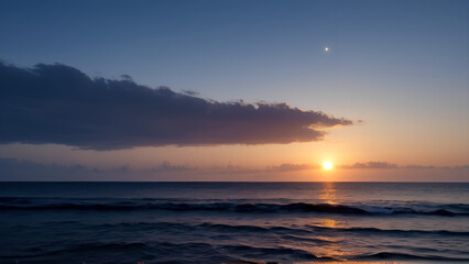 Obraz premium Serene Sunset Over Calm Ocean Waters with Soft Clouds