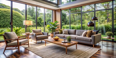 Modern Living Room with Garden Views and Natural Light, wood floor, interior design, home decor