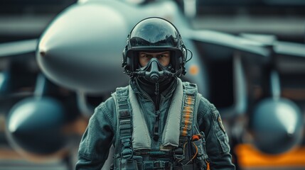Pilot in flight gear stands confidently in front of a military aircraft under a cloudy sky