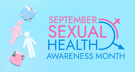 Female and male figures with condoms on color background. Erotic concept