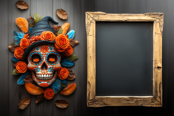 A vibrant skull adorned with orange and blue floral elements and a pointed witch hat, on a wooden backdrop.A rustic wooden frame with space for adding custom text. Autumnal and spooky themes.