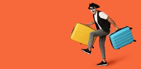 Male tourist dressed for Halloween as pirate on orange background with space for text