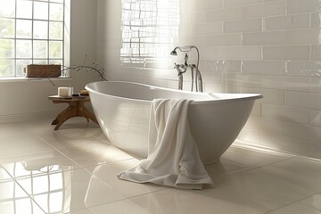 A white bathtub with a towel draped over it, generative ai image