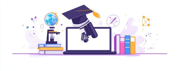 Digital learning concept with laptop, graduation cap, microscope, and globe representing virtual education and scientific exploration