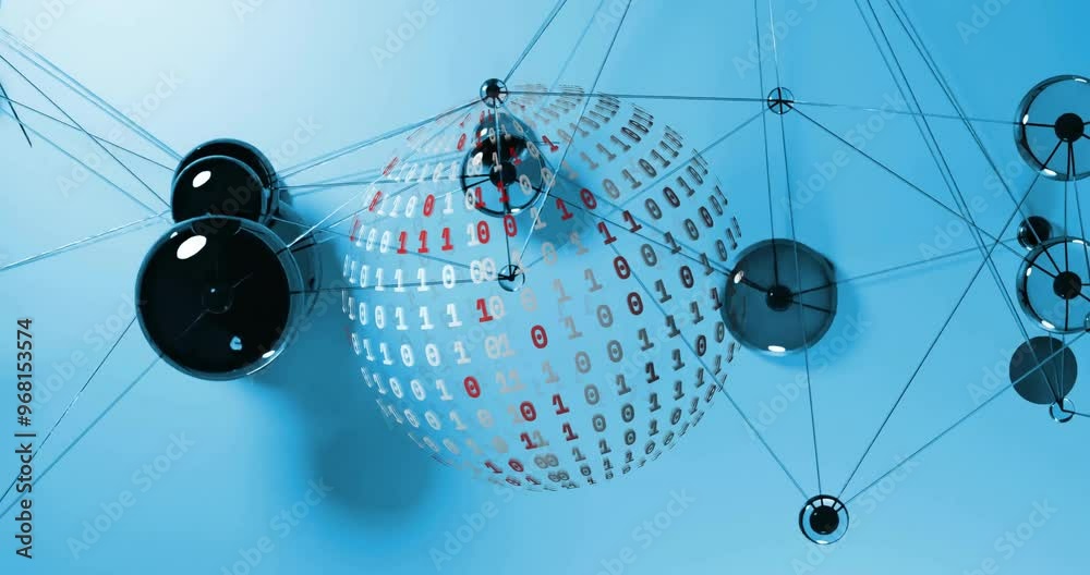 Poster animation of network of connections with spheres over globe of binary coding