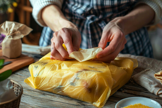 Person wrapping food with homemade beeswax wrap at home. Sustainable lifestyle, DIY, zero-waste material