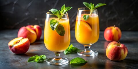 Fototapeta premium Two Glasses of Peach and Mint Cocktail with Fresh Fruit, Close-up, Cocktail, Peach, Mint