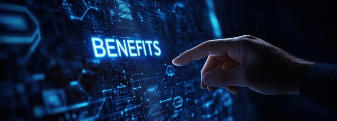 Hand reaching to touch a digital screen highlighting the word 'BENEFITS' in a futuristic technology concept
