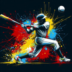Baseball player hitting a powerful shot with vibrant dynamic colors

