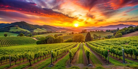 Naklejka premium Vineyard Sunset Over Hills, Landscape, Vineyard, Sunset